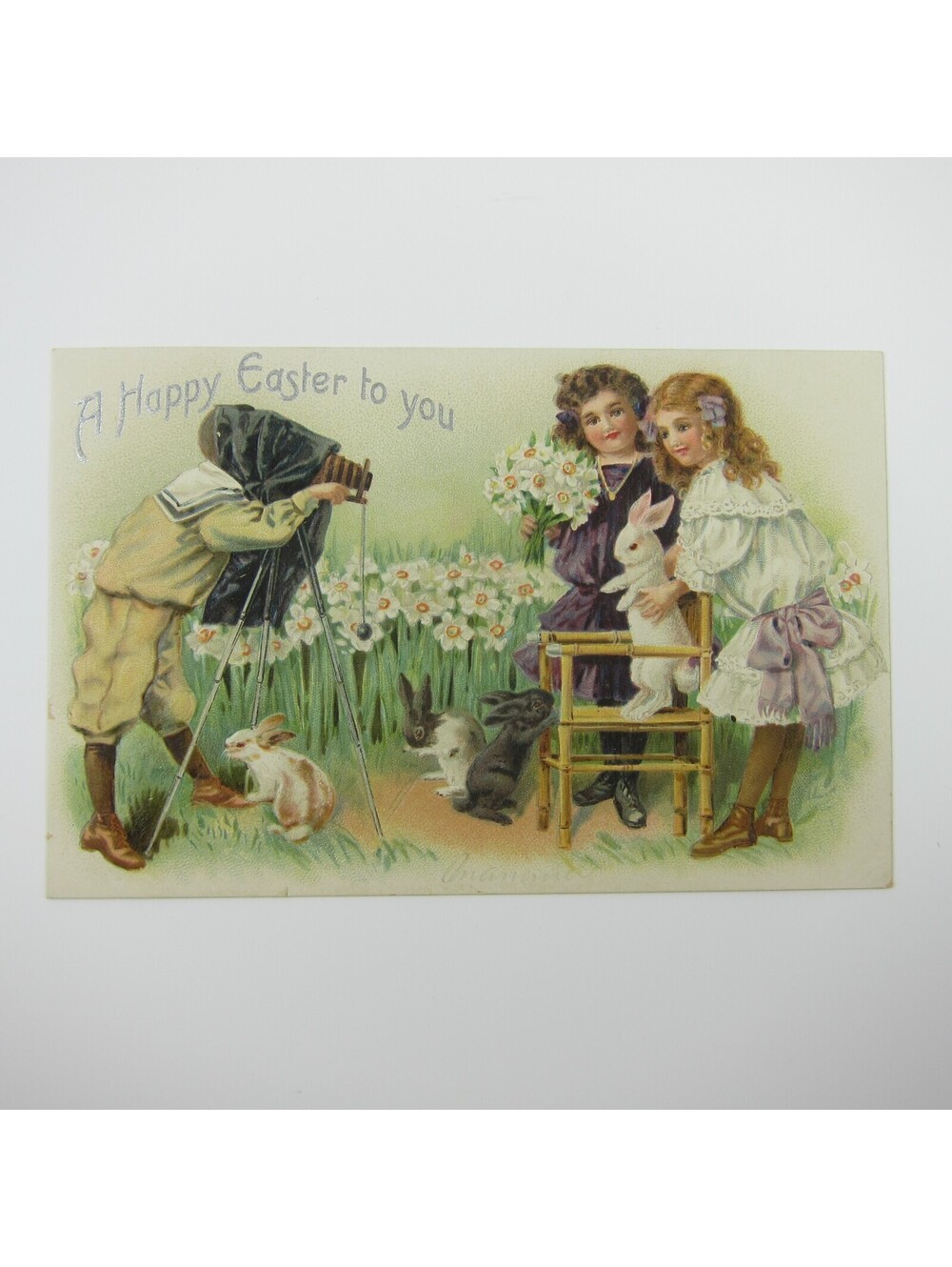 Easter Postcard Boy Photographs Girls with Rabbits Flowers Tuck Embossed Antique